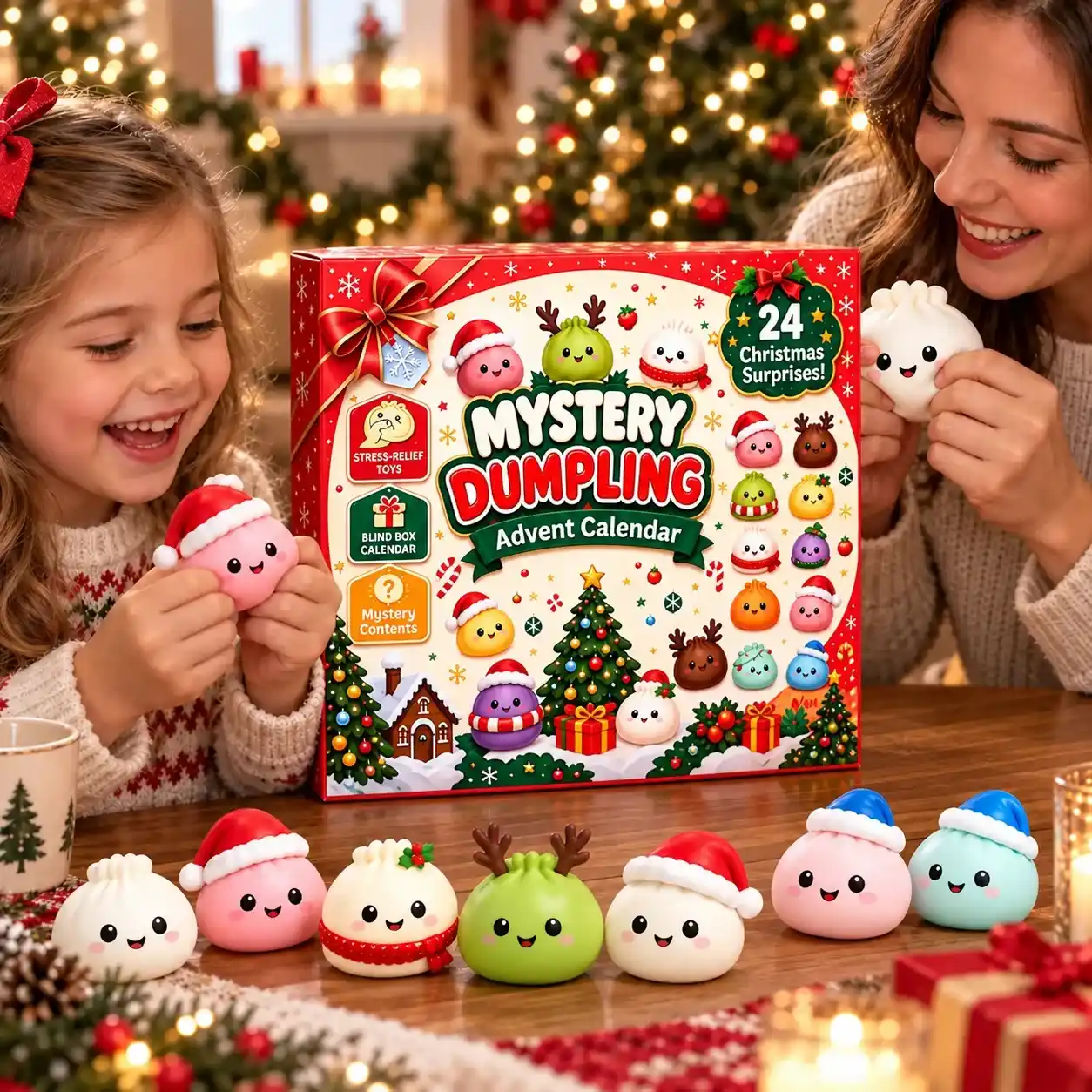 Boutique Planete Jouets France - Calendrier de l'Avent Squishy Dumpling – 24 Surprises de Noël 5 Collection de squishy dumplings de Noël anti-stress - Planete Jouets France