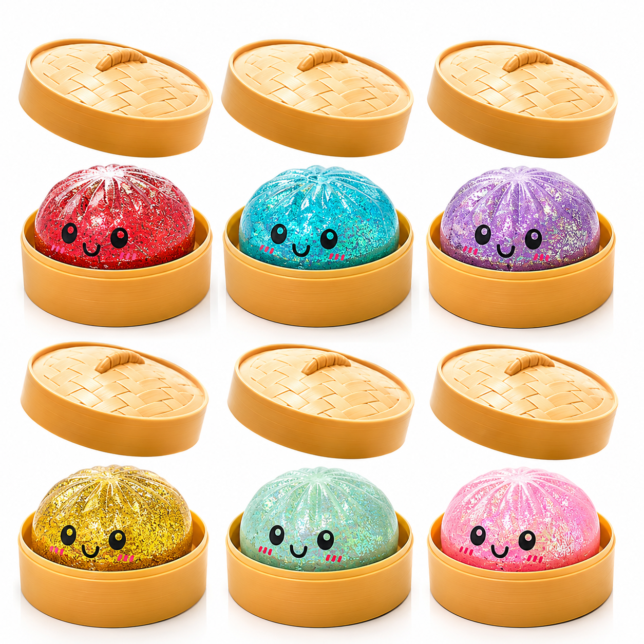 Boutique Planete Jouets France - Blind Box Squishy Dumpling Pailleté – 12 Couleurs à Collectionner 2 Six squishies dumpling pailletés dans leurs paniers - Planete Jouets France