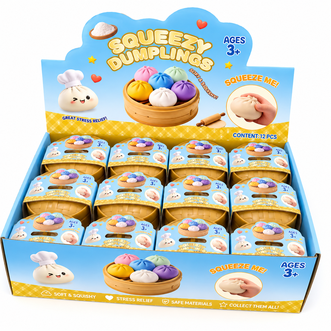 Boutique Planete Jouets France - Blind Box Squishy Dumpling Pailleté – 12 Couleurs à Collectionner 1 Présentoir de blind box squishy dumpling pailletés - Planete Jouets France
