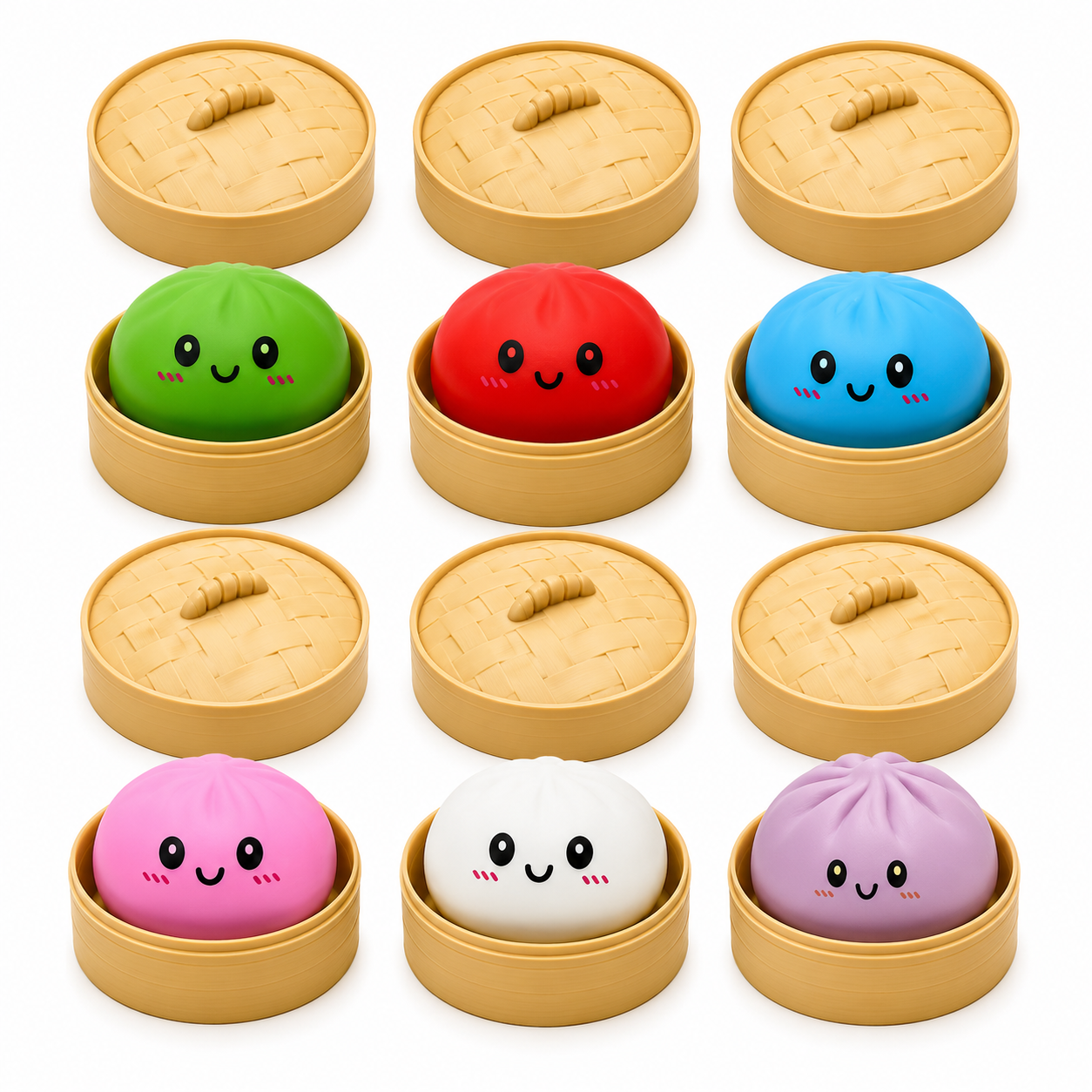 Boutique Planete Jouets France - Blind Box Squishy Dumpling Pailleté – 12 Couleurs à Collectionner 3 Six squishies dumpling colorés dans leurs paniers - Planete Jouets France