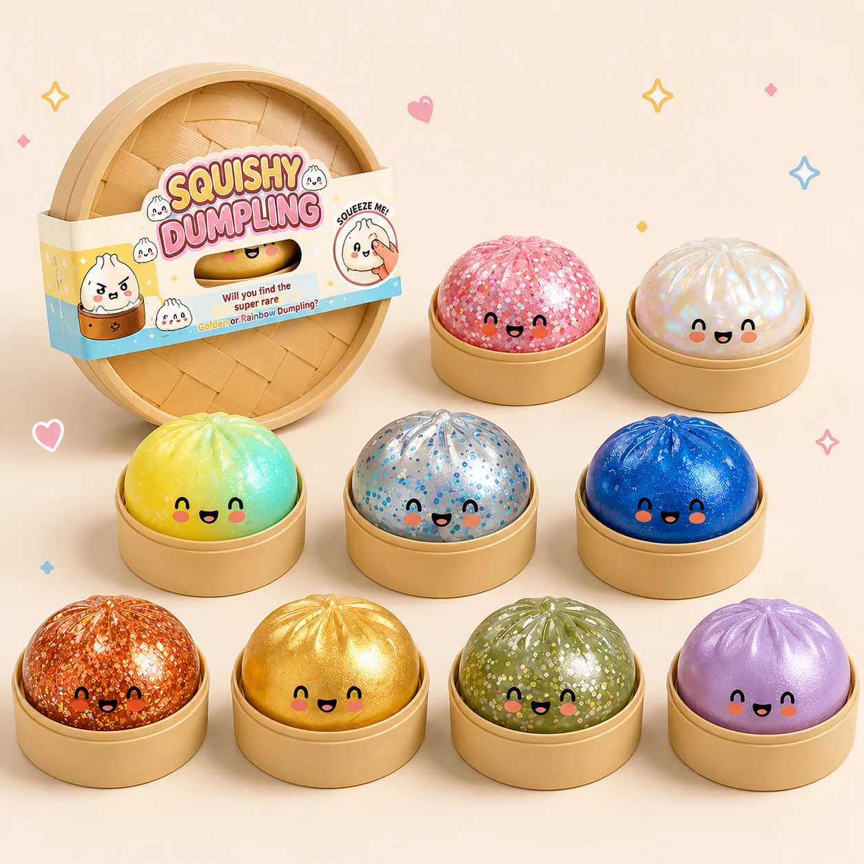 Boutique Planete Jouets France - Coffret Squishies Dumpling Pailletés et Métallisés – 1, 6 ou 12 Pièces 1 Coffret de squishies dumpling pailletés et métallisés - Planete Jouets France