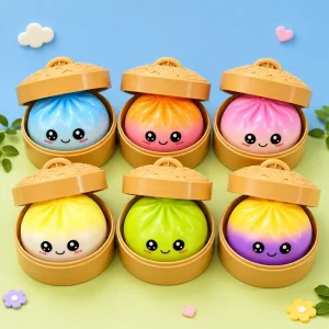 Six squishies dumpling dégradés dans leurs paniers vapeur - Planete Jouets France