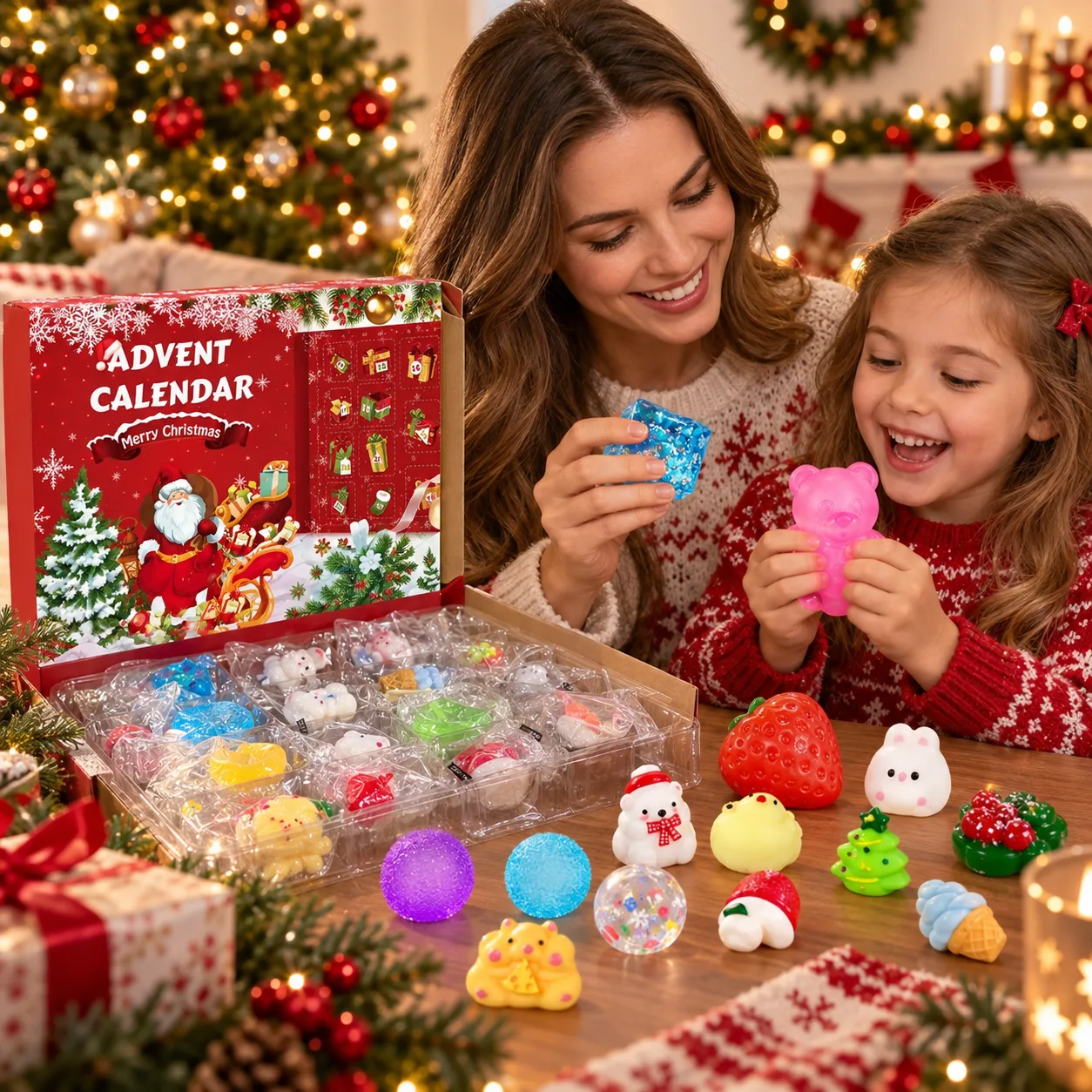 Boutique Planete Jouets France - Calendrier de l'Avent Squishy Noël – 24 Surprises Festives 3 Famille ouvrant le calendrier de l'Avent squishy de Noël - Planete Jouets France