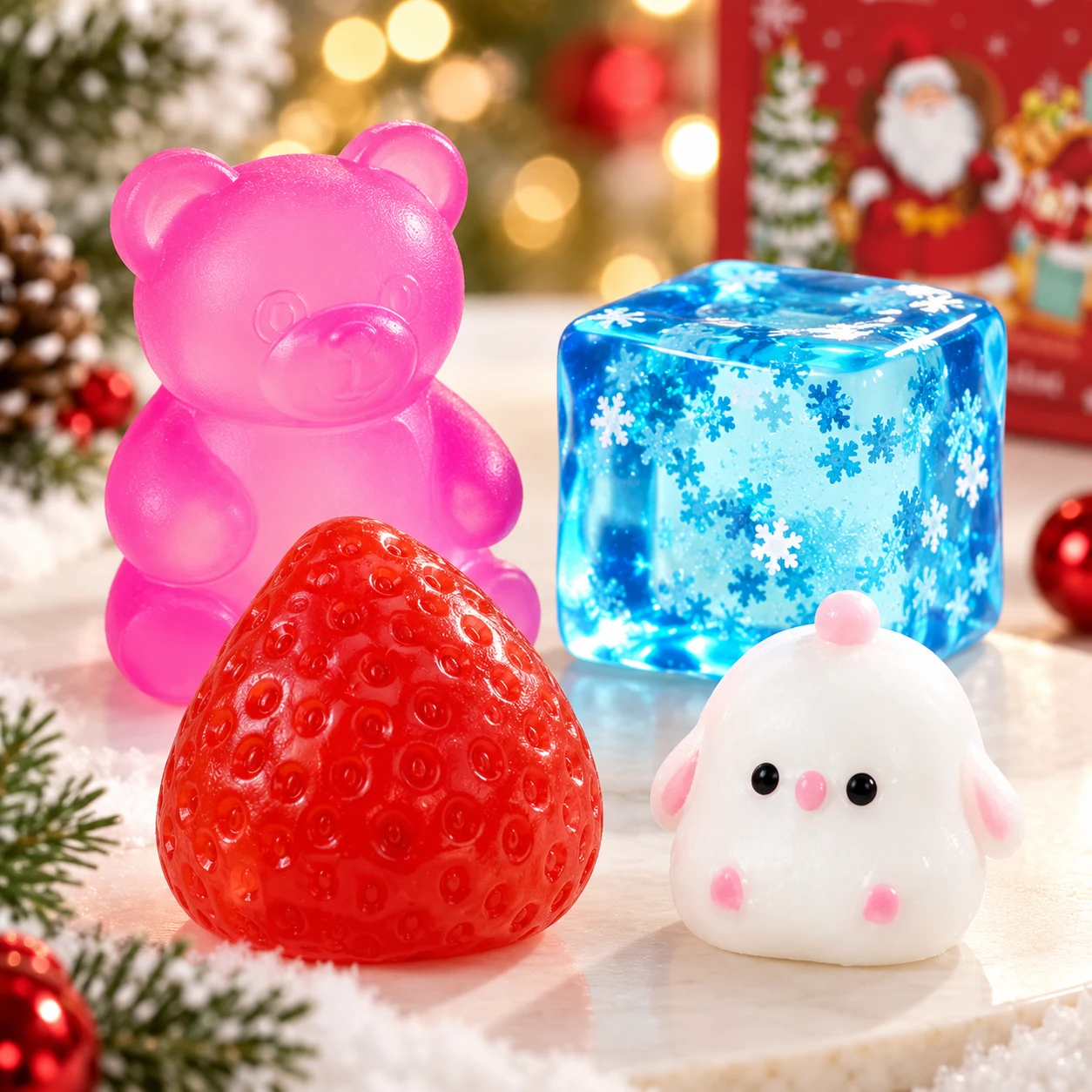 Boutique Planete Jouets France - Calendrier de l'Avent Squishy Noël – 24 Surprises Festives 2 Ours rose, fraise et cube bleu squishy du calendrier de Noël - Planete Jouets France